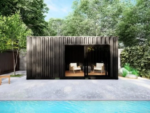 Container-Poolhaus mit Glasfront und abgeschlossenem Technikraum