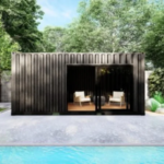 Container-Poolhaus mit Glasfront und abgeschlossenem Technikraum