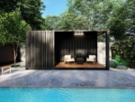 Poolhaus aus Container mit offener Terrasse und abgeschlossenem Technikraum